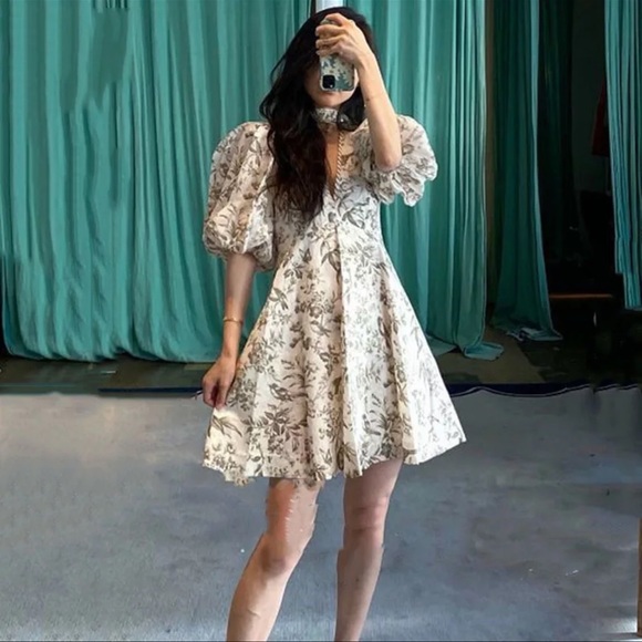 French Style Print Puff Sleeve Vintage Dress - Picture 5 of 15